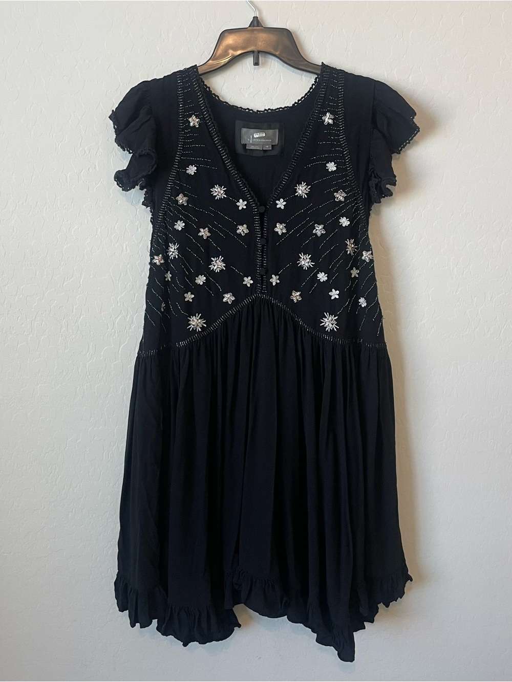 Anthropologie Black Mini Dress with White Floral Beading Accents